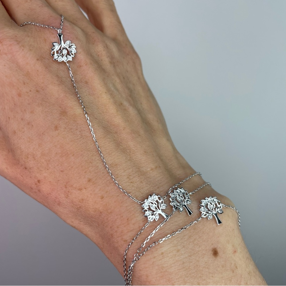 Sterling Silver & Cubic Zirconia Ankle / Wrist Bracelet with Tree of Life Motif